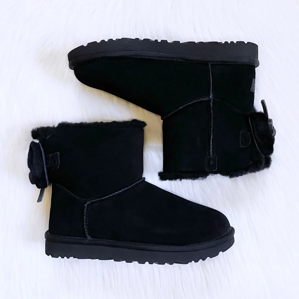 UGG Classic Double Bow Mini Black Suede Boots - Picture 6 of 9